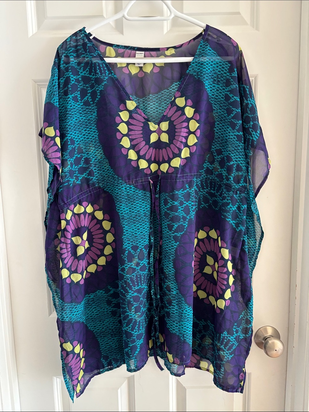 Boho V-Neck Swim Cover Up in Teal & Purple with Tie Front